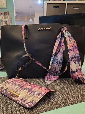 Betsey Johnson Black Tote with Pink & Purple Snakeskin Accent Scarf